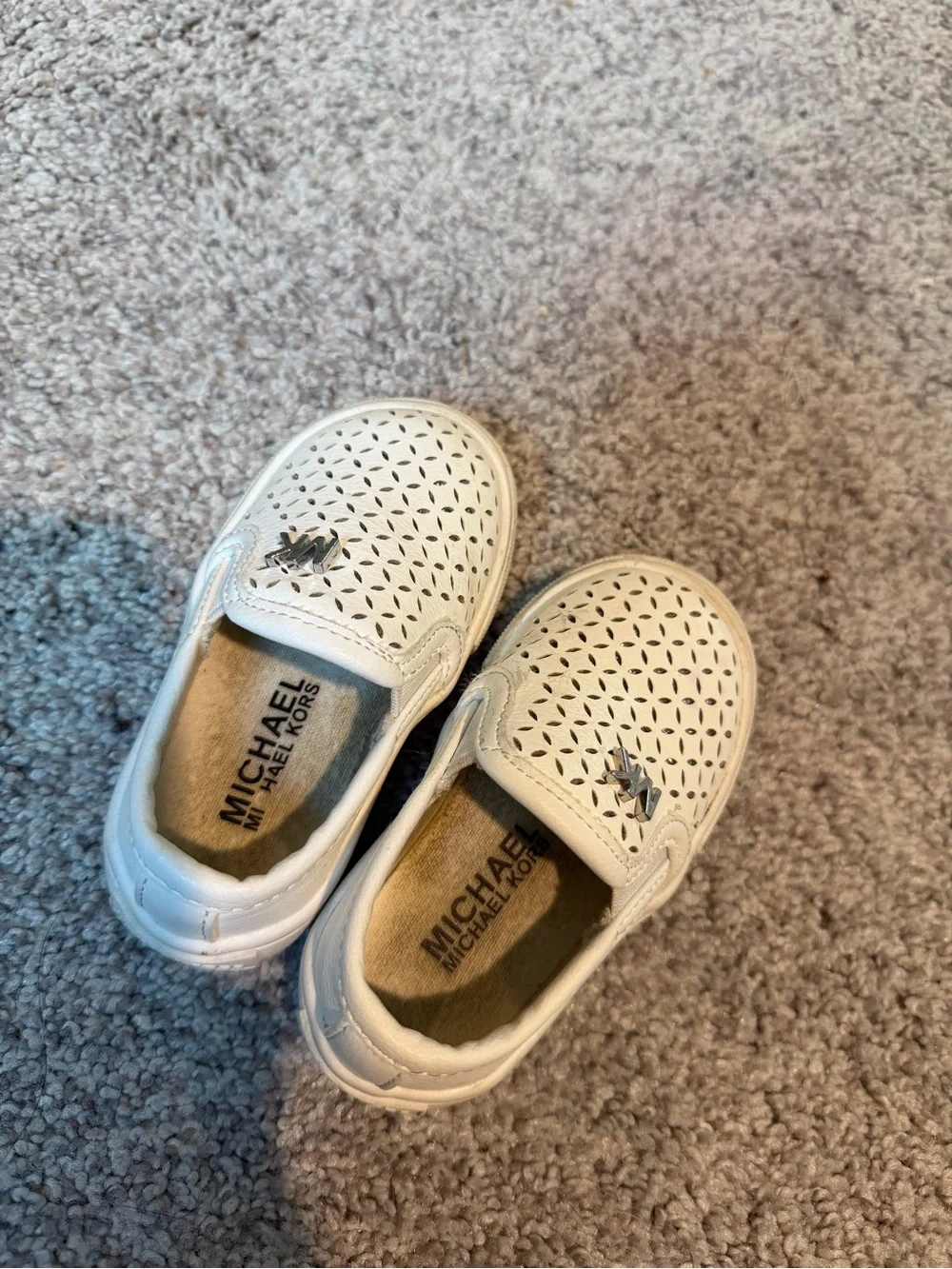 Michael Kors Baby White Perforated Slip-On Sneakers with Silver MK Accent